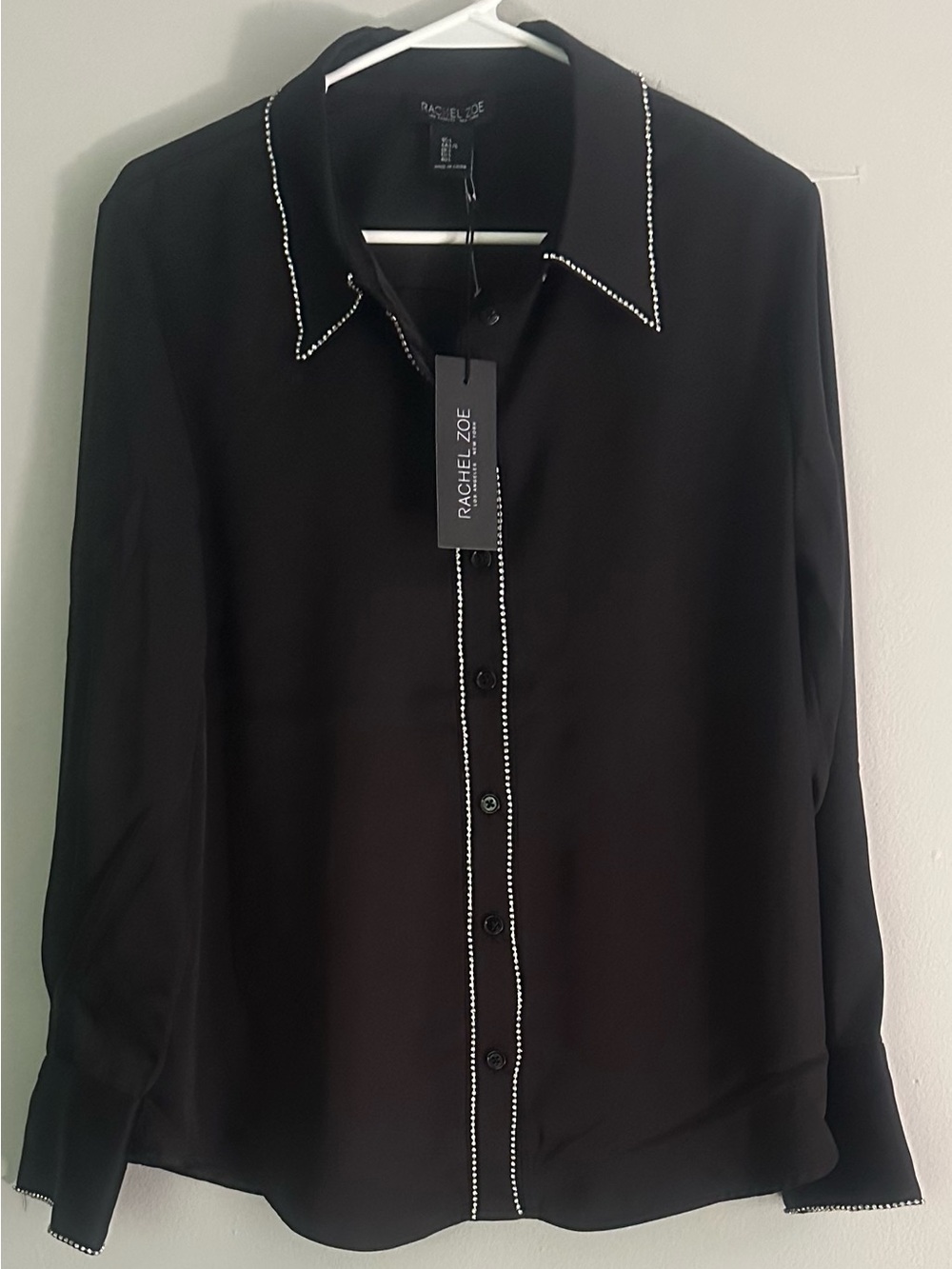 Rachel Zoe Black Button-Down Shirt with Contrast Beaded Trim